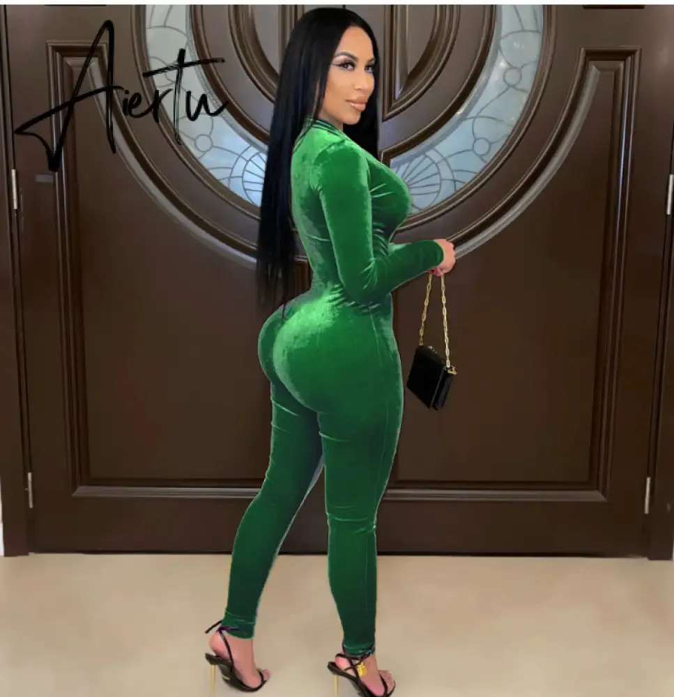 Aiertu  Solid Velvet With Corset Gloves Sexy Bodycon Jumpsuit Summer Fall Slim Party Club Elegant Streetwear Outfit Y2K