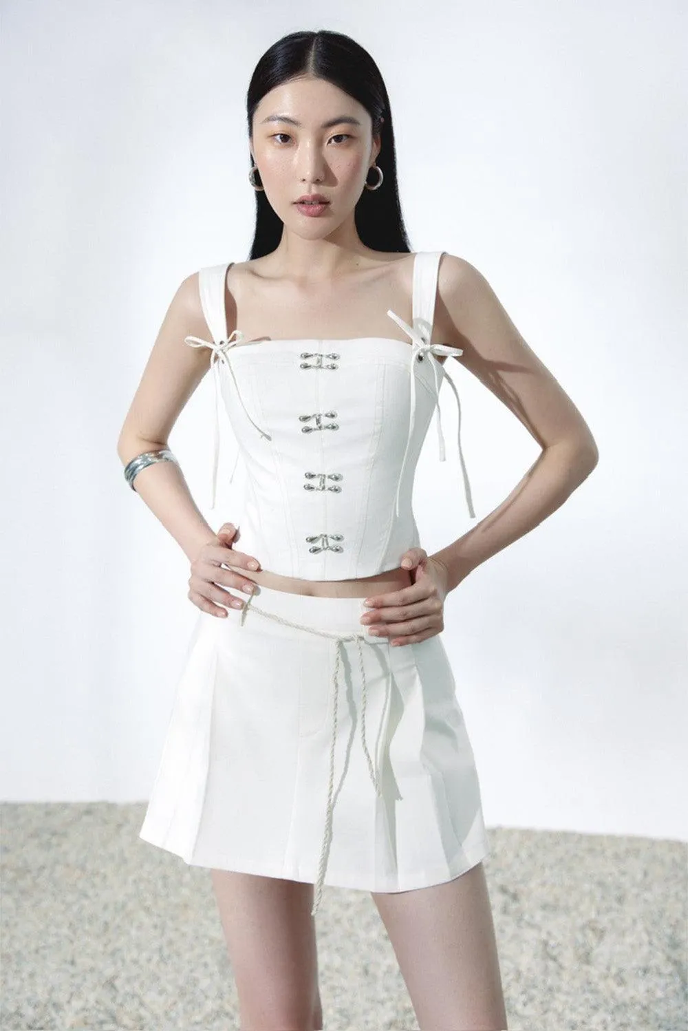 Buckle A-line Square Neck Linen Mini Set
