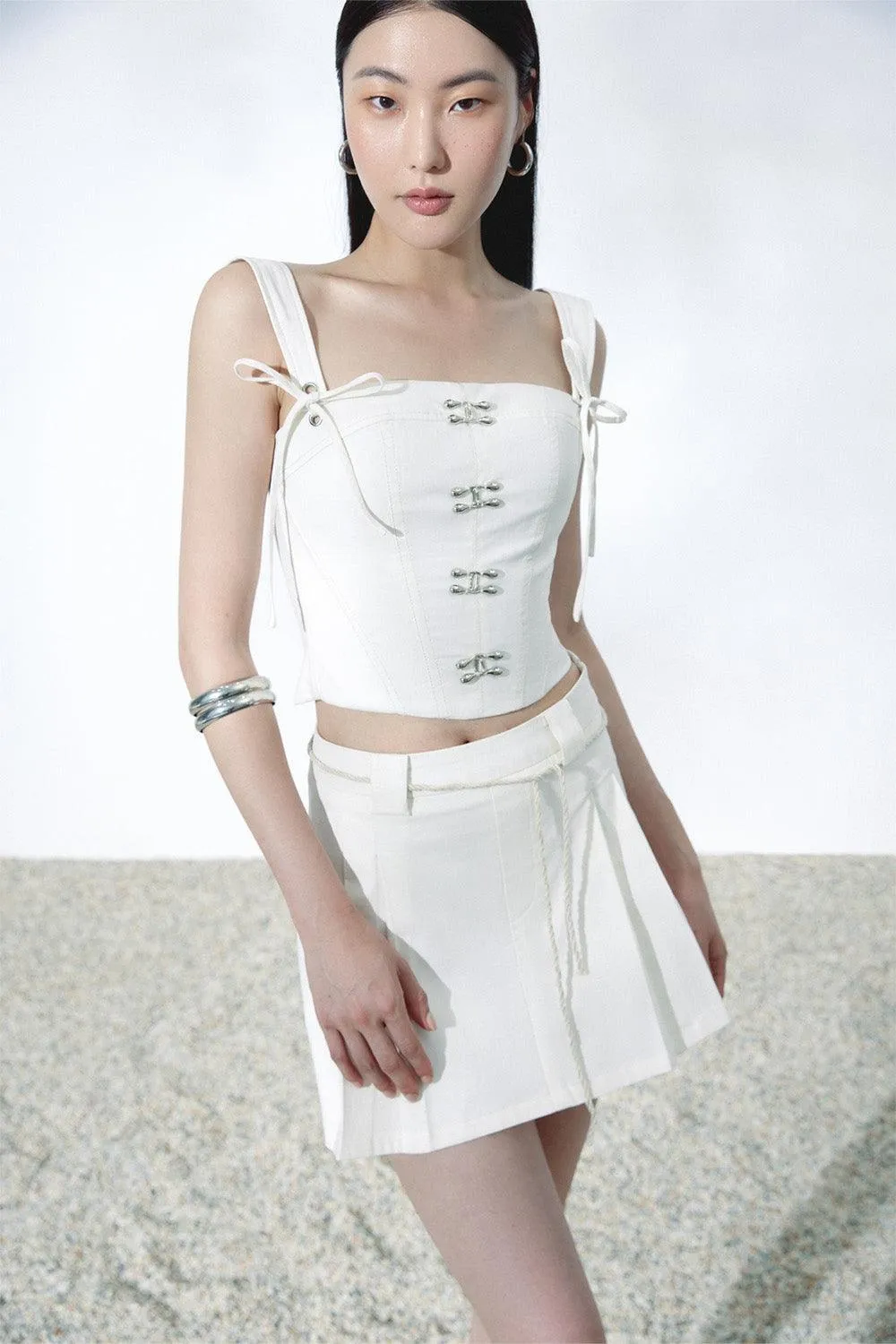 Buckle A-line Square Neck Linen Mini Set