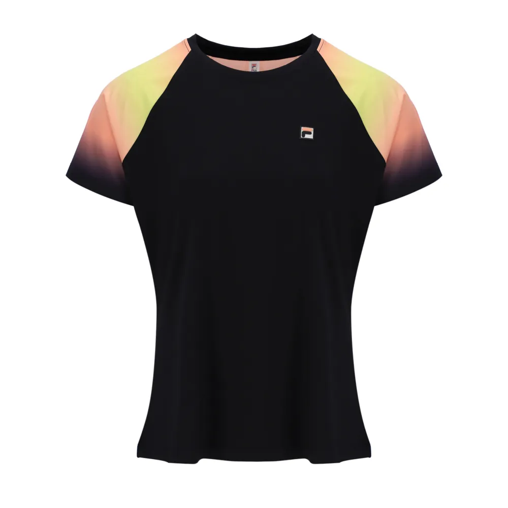Fila Backspin Short Sleeve Tennis Top (Ladies) - Black/Sunset