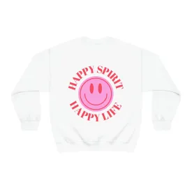 Happy Spirit Happy Life Sweatshirt, Gildan VSCO Girl Crewneck, Oversized Tumblr Front Back Print Smile Happy Mind Trendy Beach Lake Cover Up