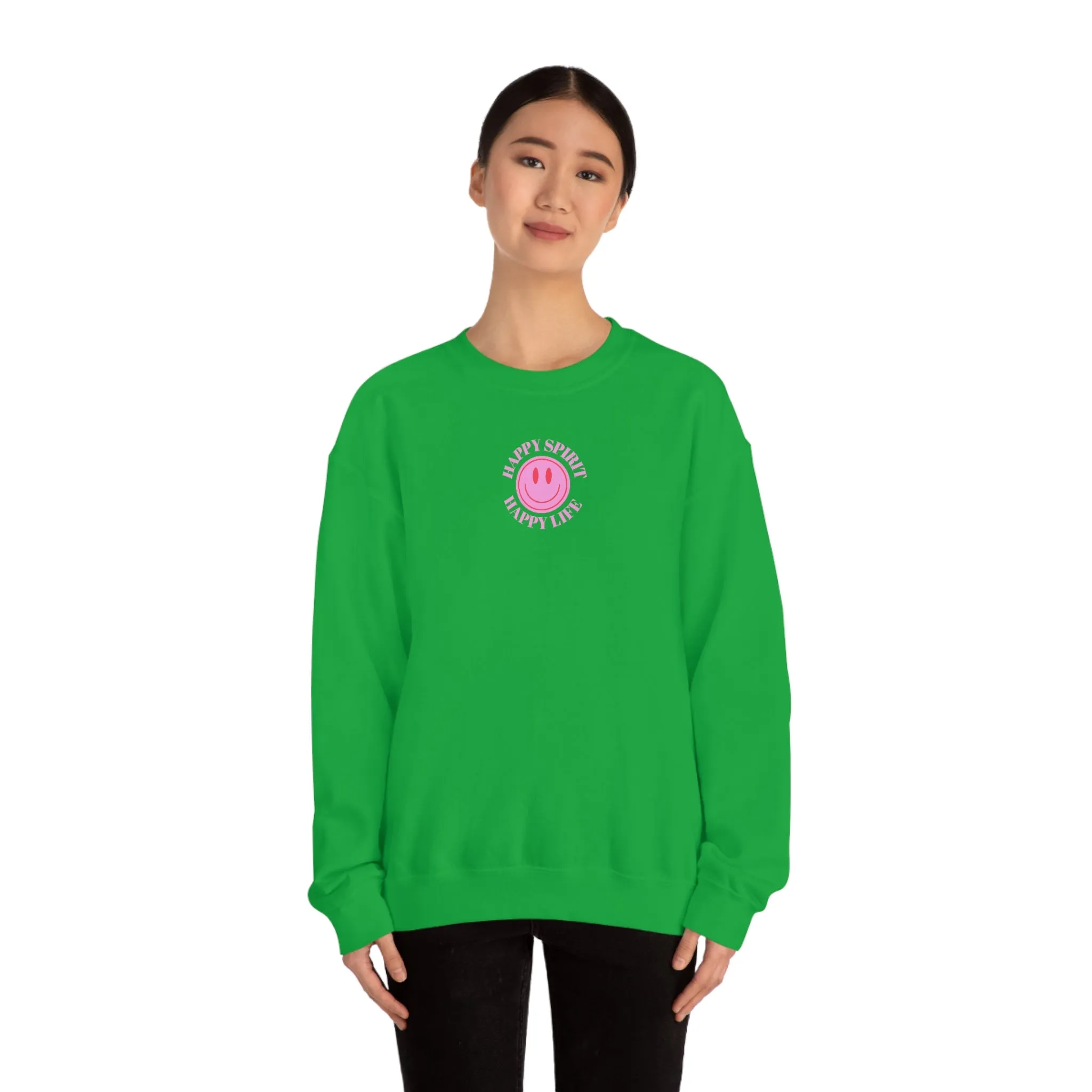 Happy Spirit Happy Life Sweatshirt, Gildan VSCO Girl Crewneck, Oversized Tumblr Front Back Print Smile Happy Mind Trendy Loungewear