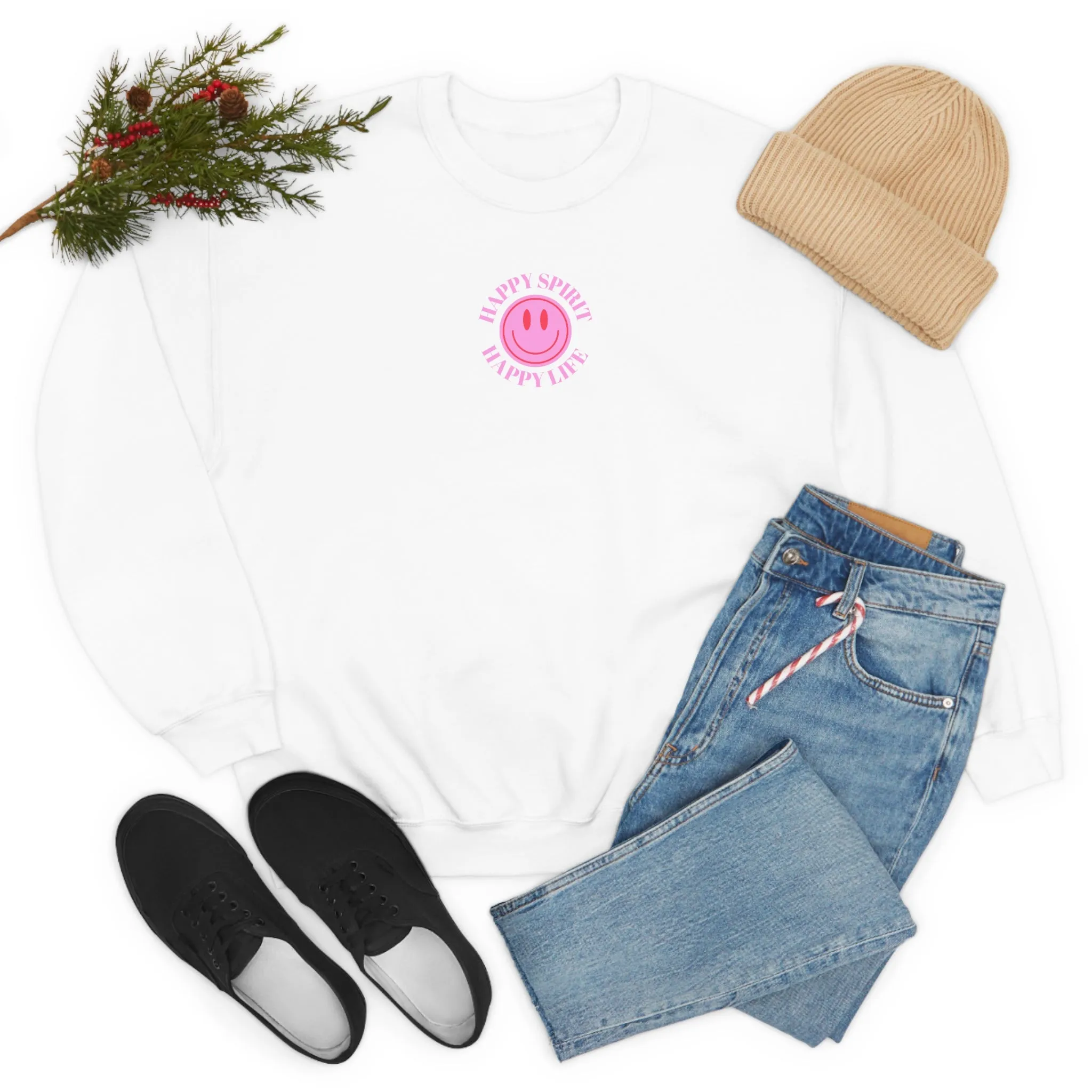 Happy Spirit Happy Life Sweatshirt, Gildan VSCO Girl Crewneck, Oversized Tumblr Front Back Print Smile Happy Mind Trendy Loungewear