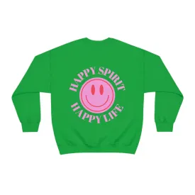 Happy Spirit Happy Life Sweatshirt, Gildan VSCO Girl Crewneck, Oversized Tumblr Front Back Print Smile Happy Mind Trendy Loungewear