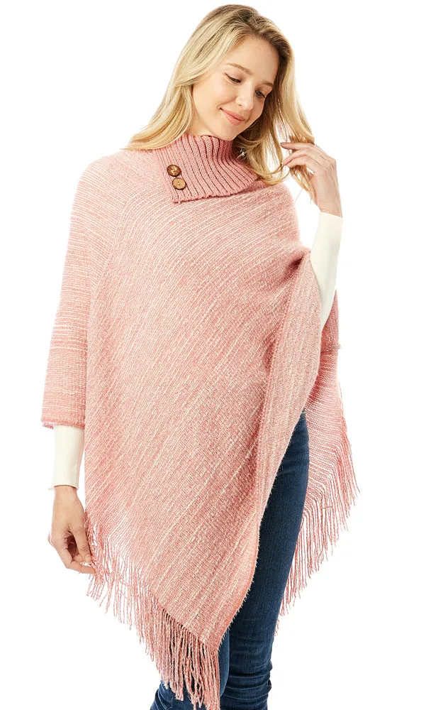 LOF1303 Knitted Fold over Buttoned Collar Poncho