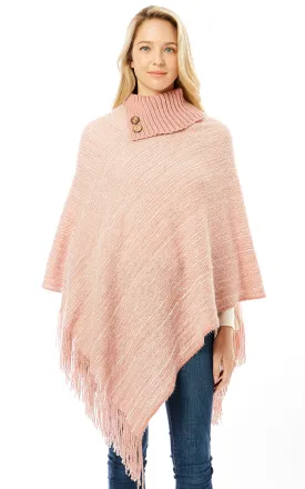 LOF1303 Knitted Fold over Buttoned Collar Poncho