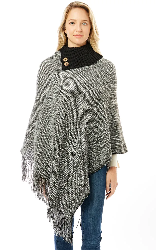LOF1303 Knitted Fold over Buttoned Collar Poncho