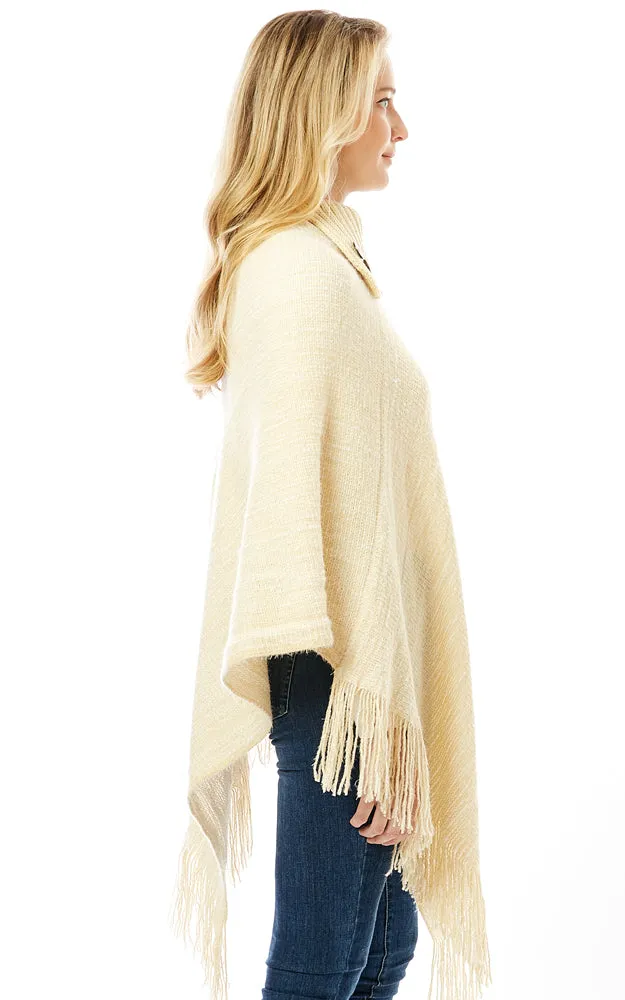 LOF1303 Knitted Fold over Buttoned Collar Poncho