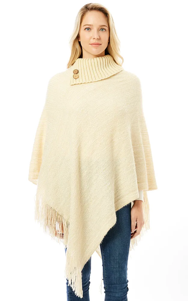 LOF1303 Knitted Fold over Buttoned Collar Poncho