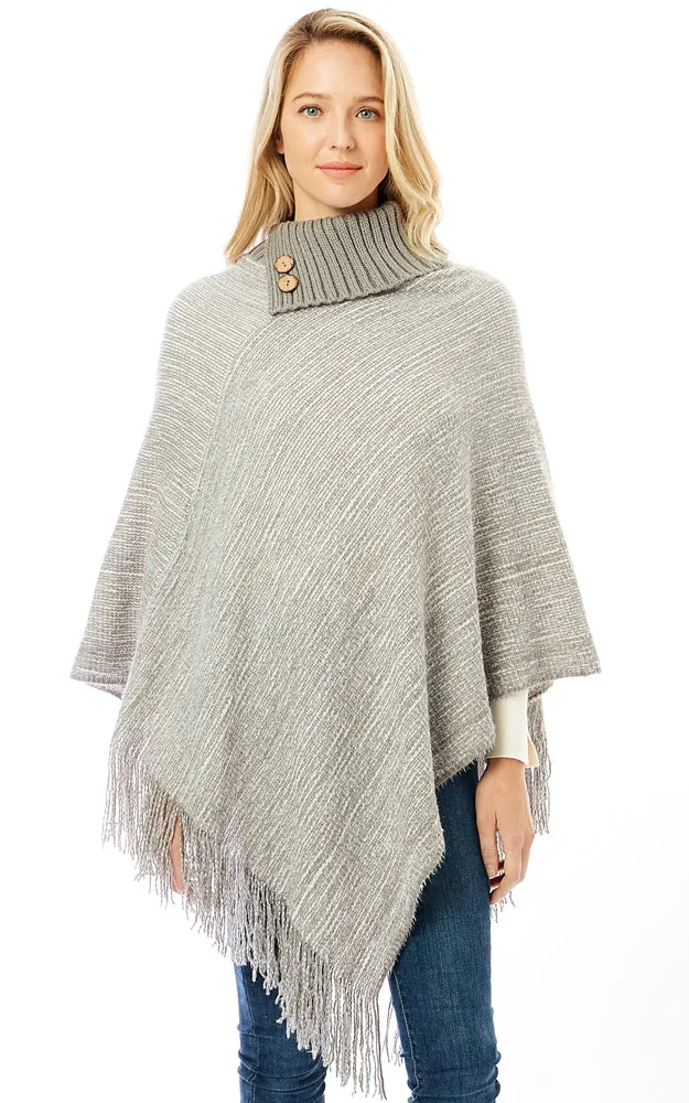 LOF1303 Knitted Fold over Buttoned Collar Poncho