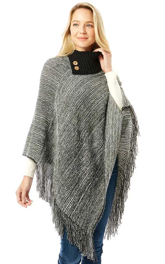 LOF1303 Knitted Fold over Buttoned Collar Poncho