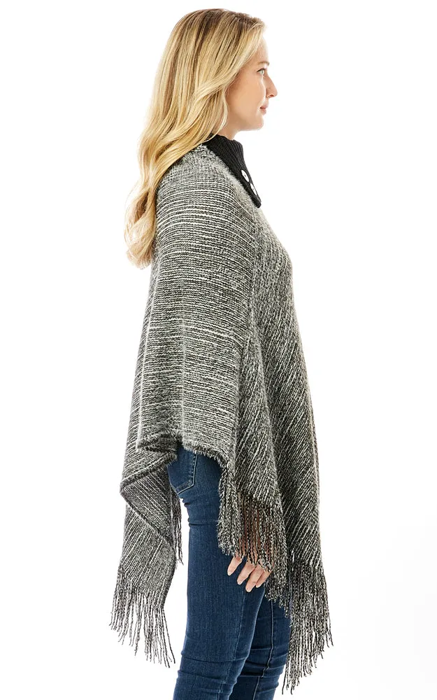 LOF1303 Knitted Fold over Buttoned Collar Poncho