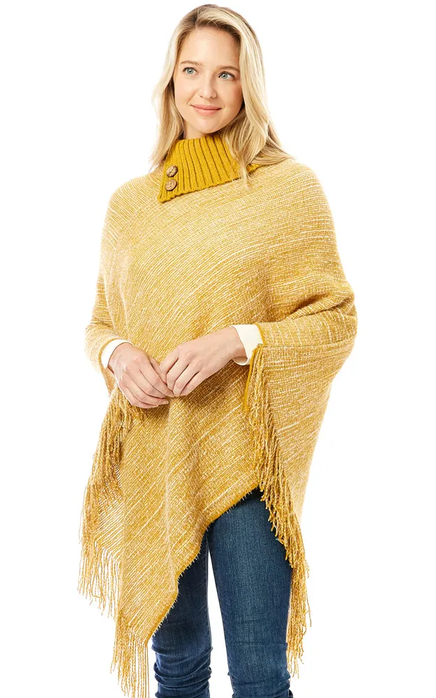 LOF1303 Knitted Fold over Buttoned Collar Poncho