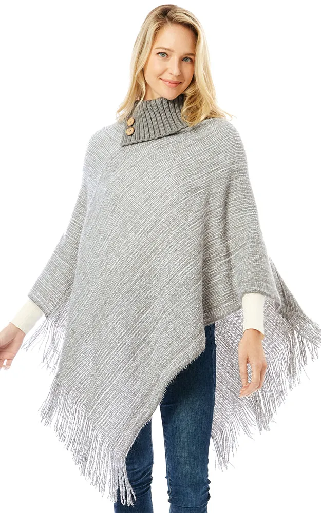 LOF1303 Knitted Fold over Buttoned Collar Poncho