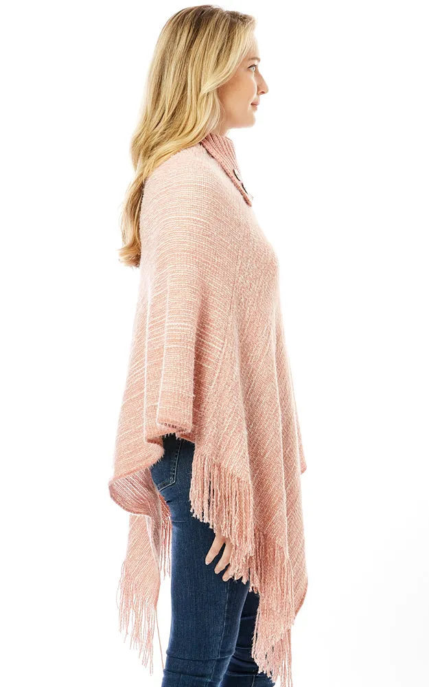 LOF1303 Knitted Fold over Buttoned Collar Poncho