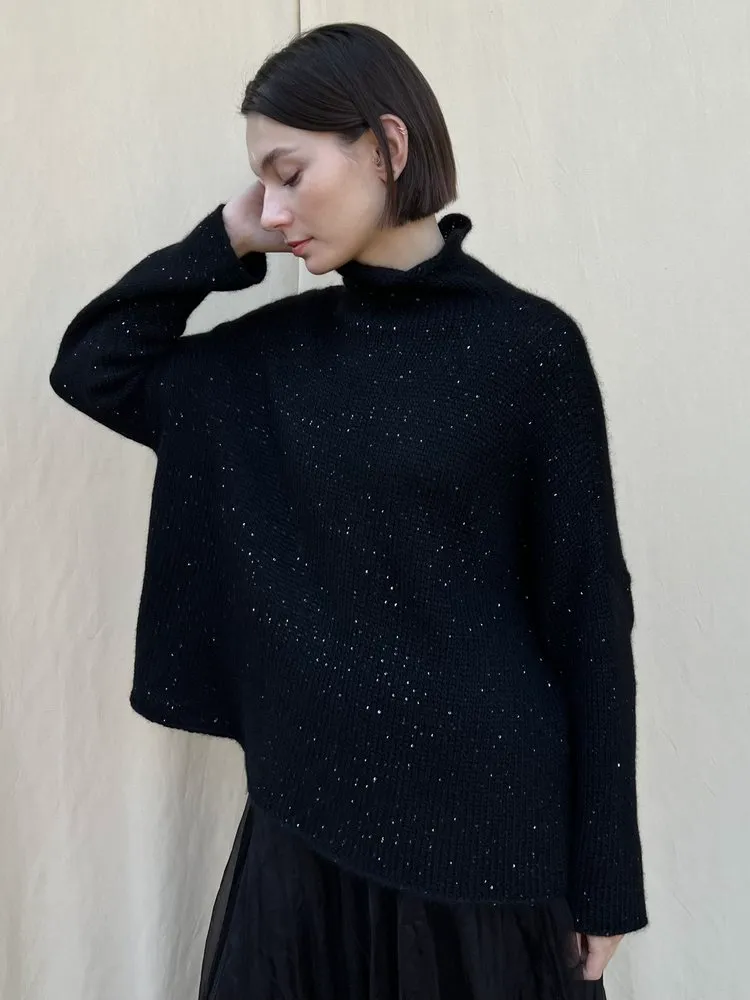 Mock Neck Sequin Sweater in Black