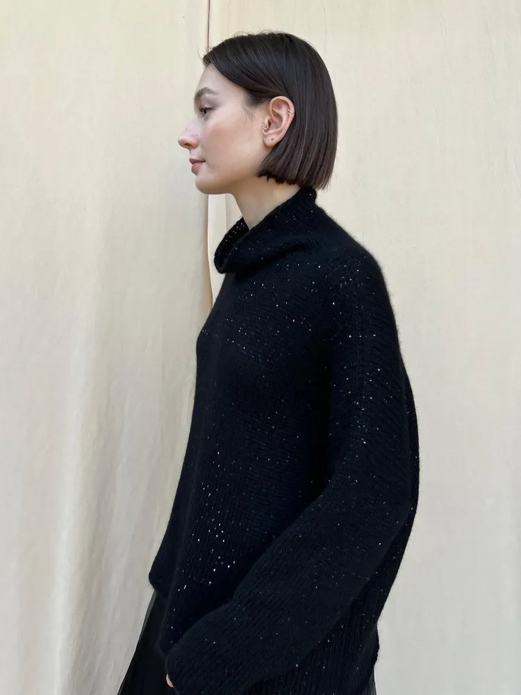 Mock Neck Sequin Sweater in Black