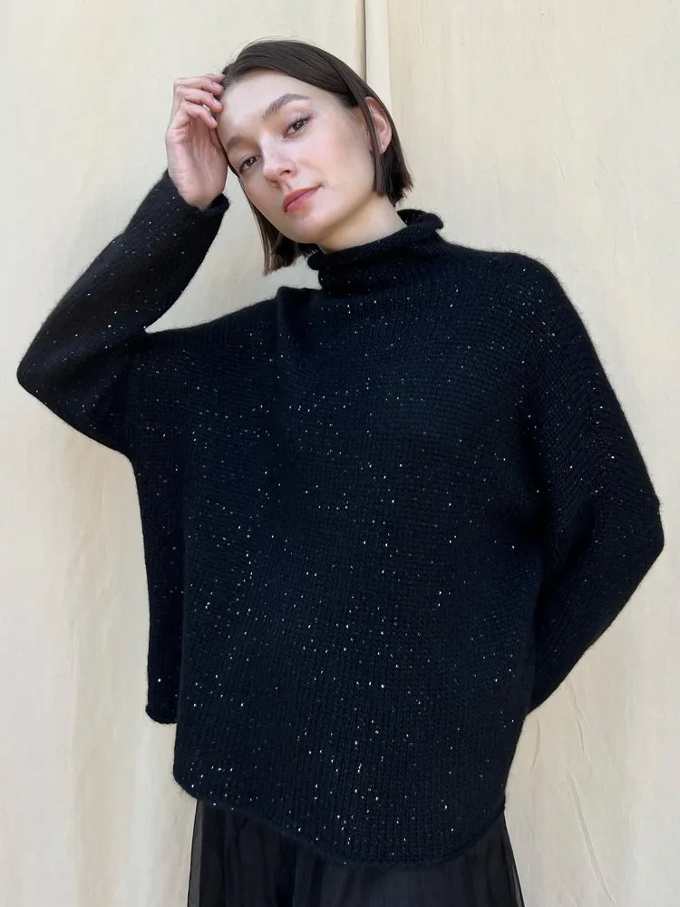 Mock Neck Sequin Sweater in Black