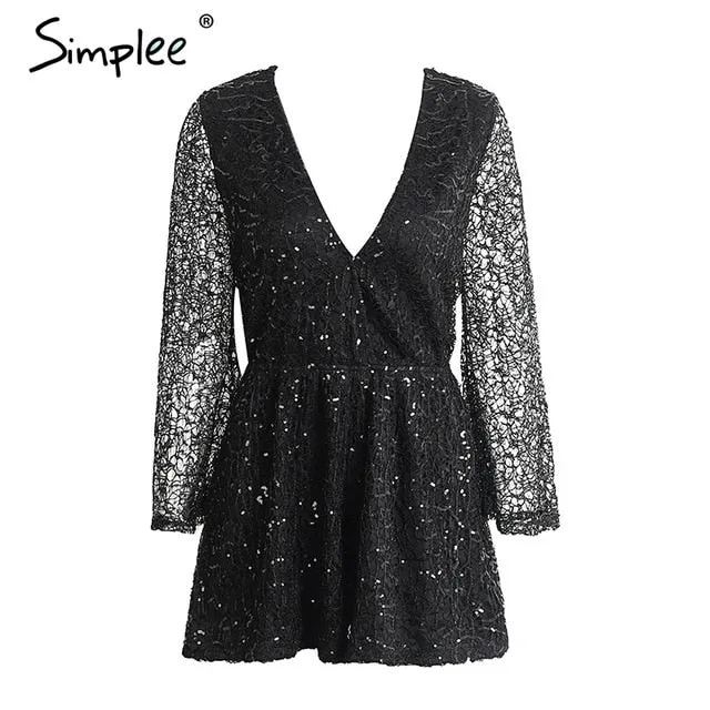 Simplee Sexy lace gold sequin jumpsuit romper Women