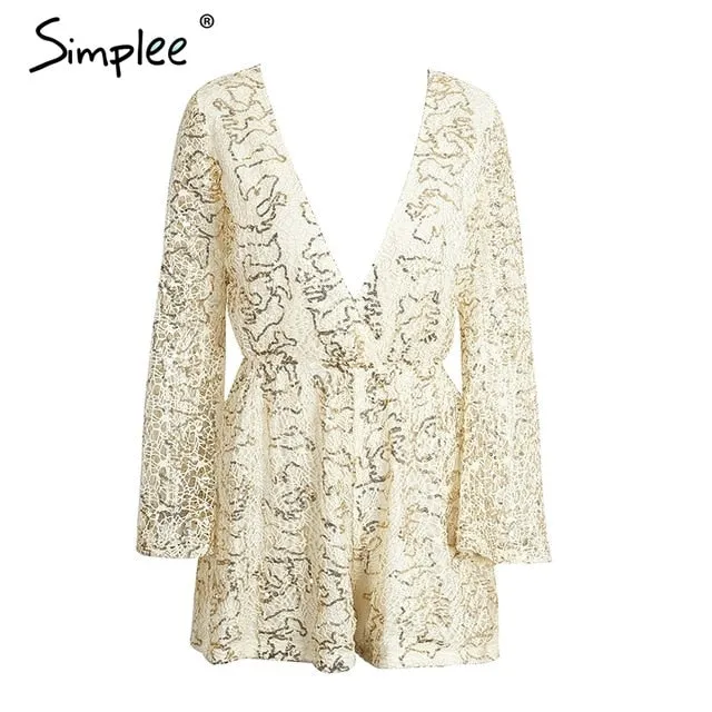 Simplee Sexy lace gold sequin jumpsuit romper Women