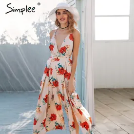 Simplee Sexy v neck backless print jumpsuit romper women