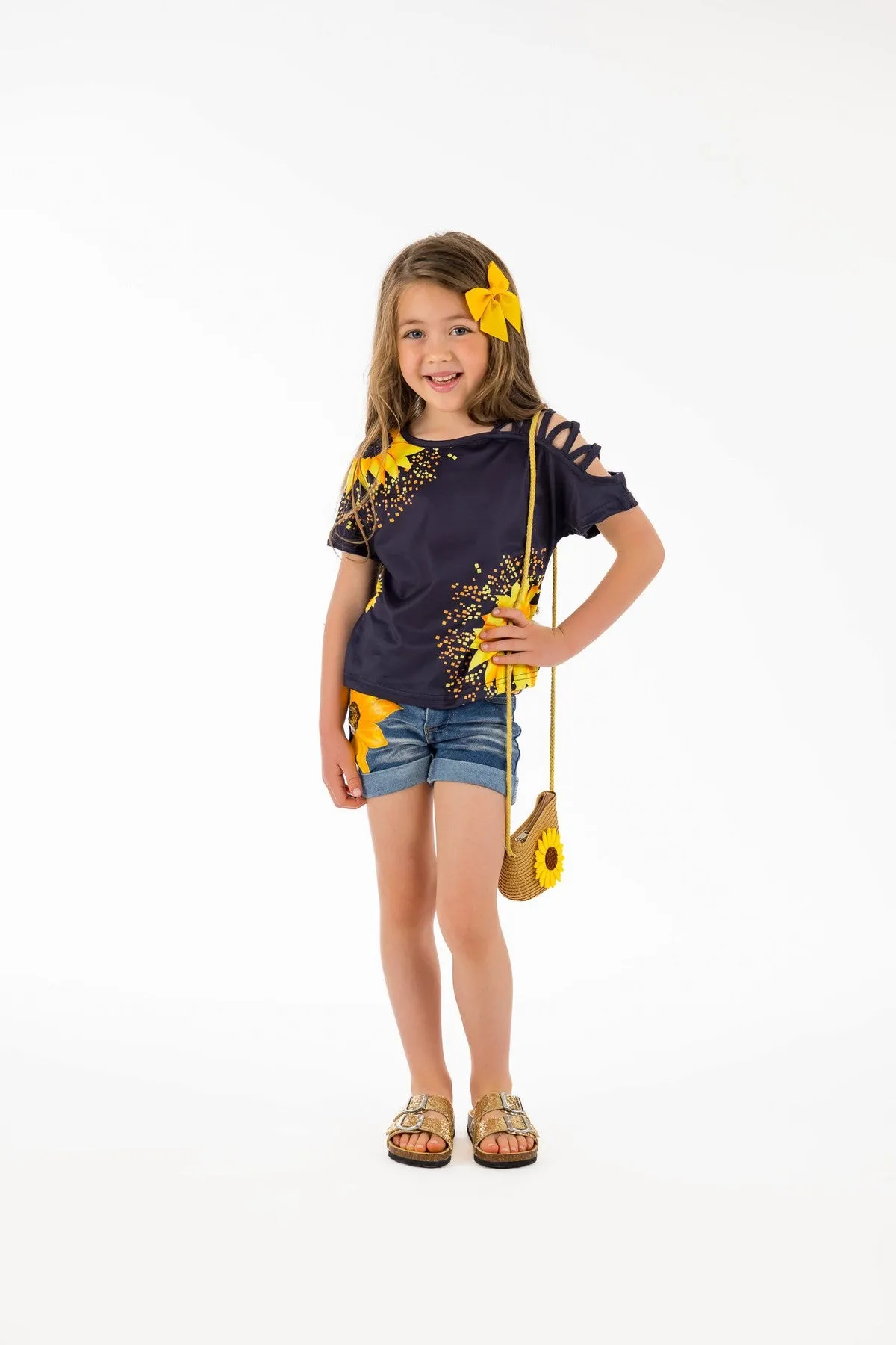 Sunflower Open Shoulder Denim Short Set