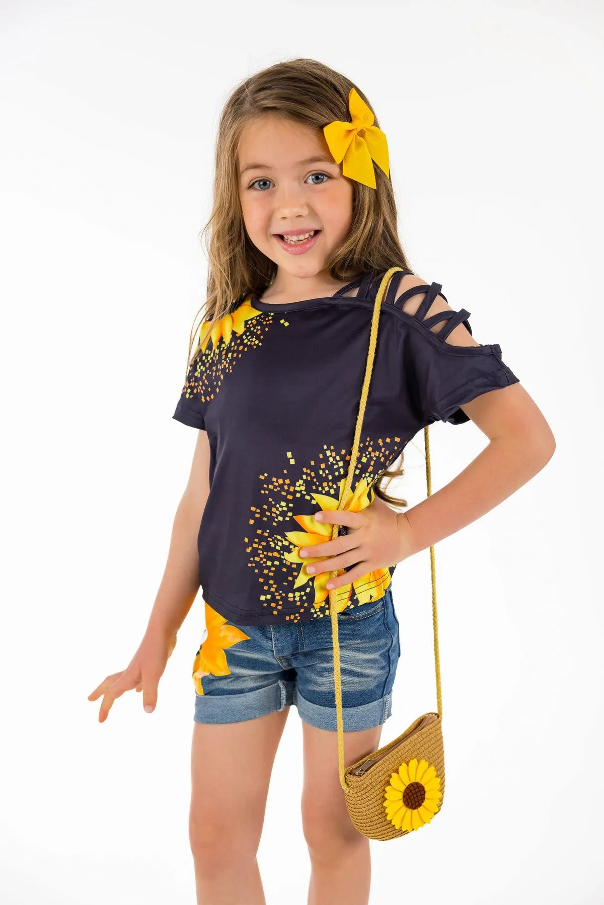 Sunflower Open Shoulder Denim Short Set