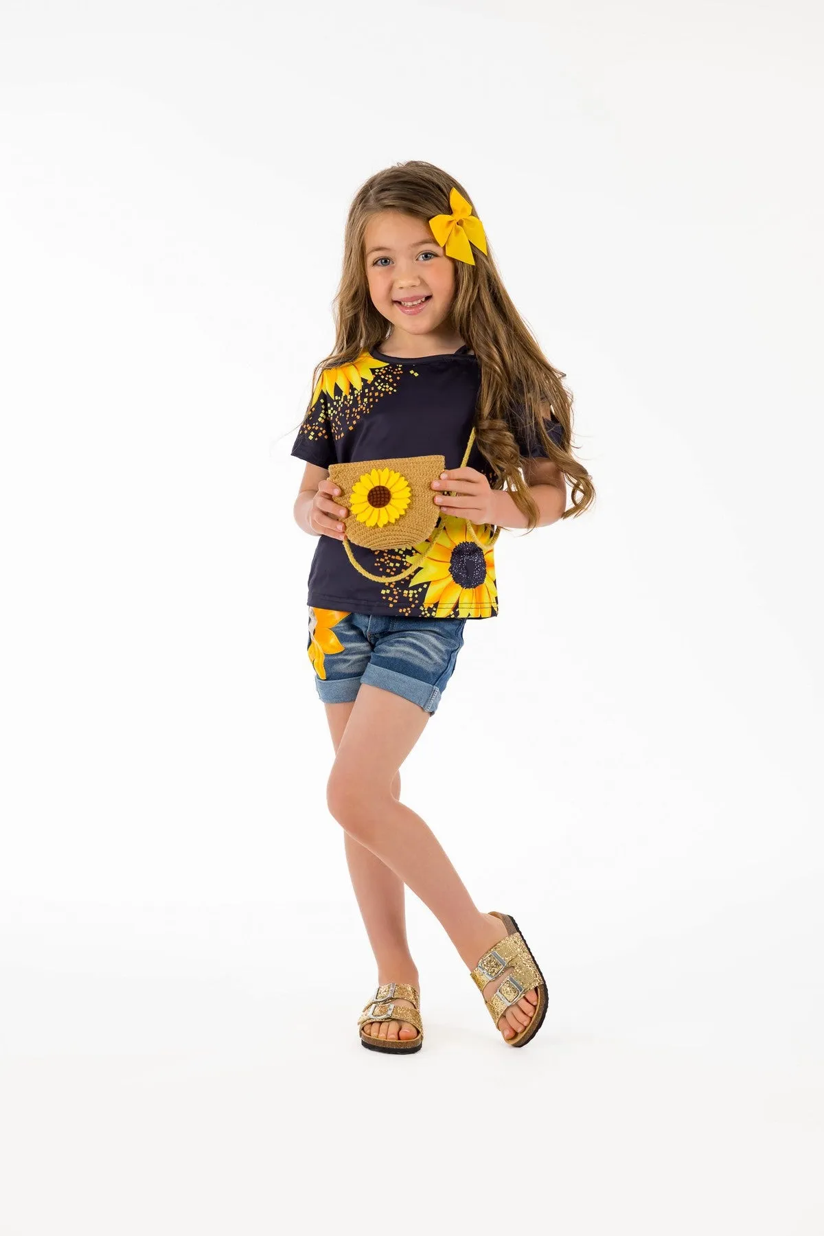 Sunflower Open Shoulder Denim Short Set